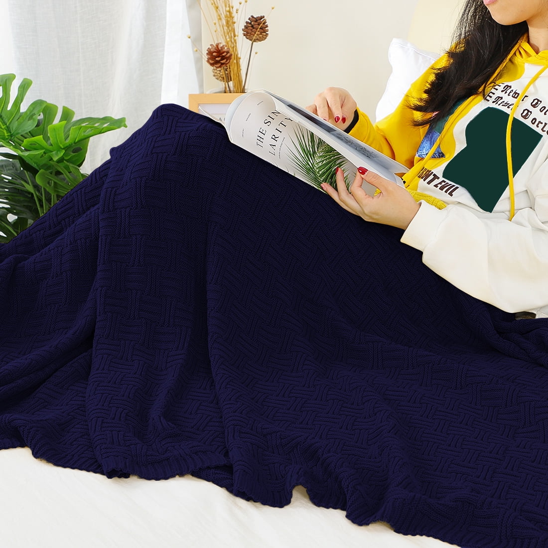 Unique Bargains 100% Cotton Cable Knit Sofa Throw Blanket Navy Blue 47" x 70"