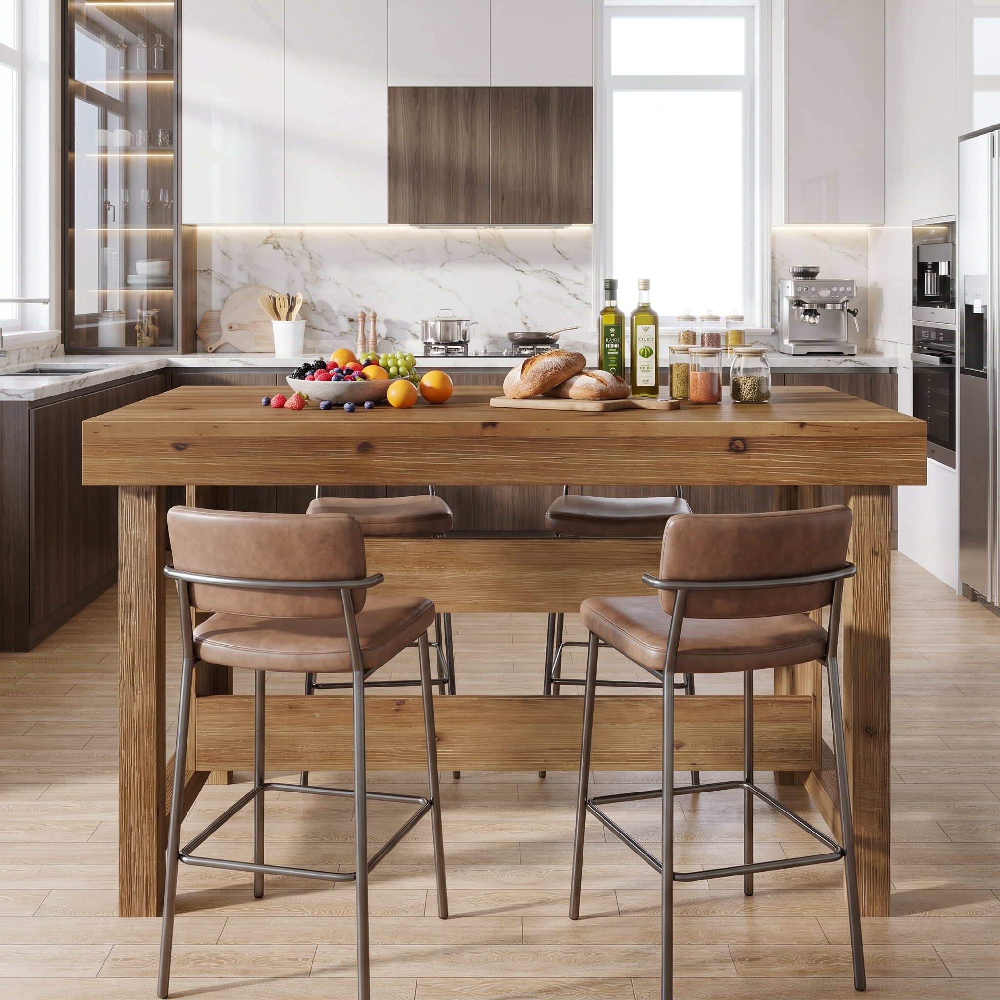 Fnova 55" 3-Tier Solid Wood Kitchen Island with Storage Shelf, Farmhouse Wooden Stationary Island Table with Large Worktop for Kitchen, Dining Room, Brown