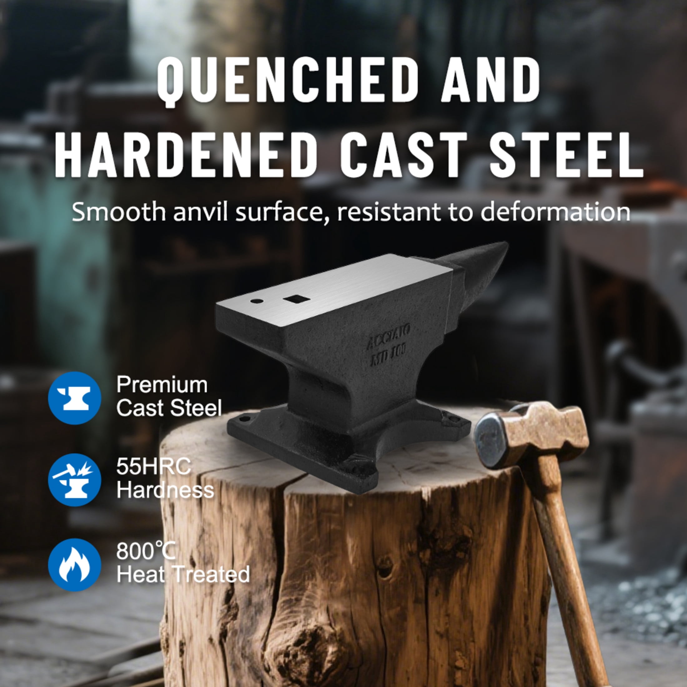 Noble House 100 lb Cast Steel Single Horn Anvil, 55 HRC Blacksmith Forging Tool with Hardy Hole
