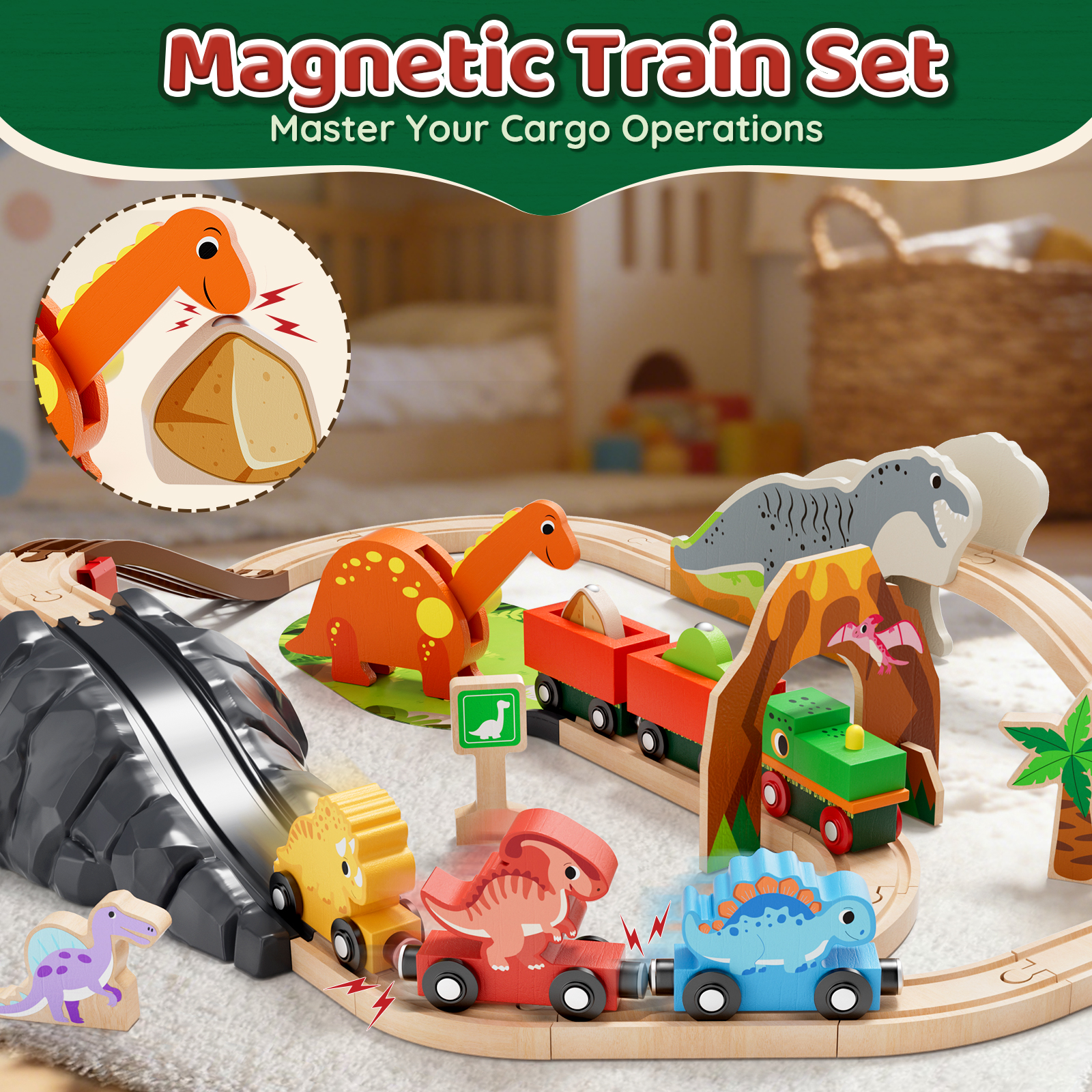 KWANITHINK Wooden Dinosaur Train Set with Tracks photo 4