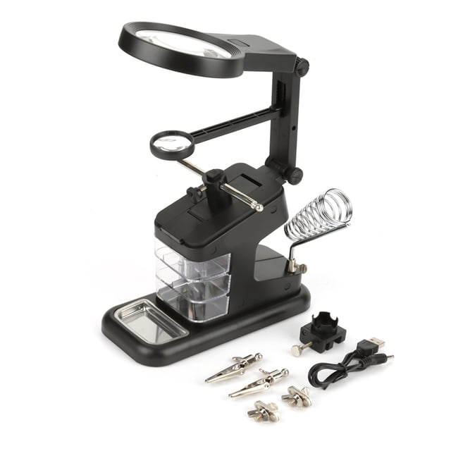 Estación de trabajo para soldador eléctrico USB con lupa de 3X/4,5X/25X, luces LED y clips para placa (negro)