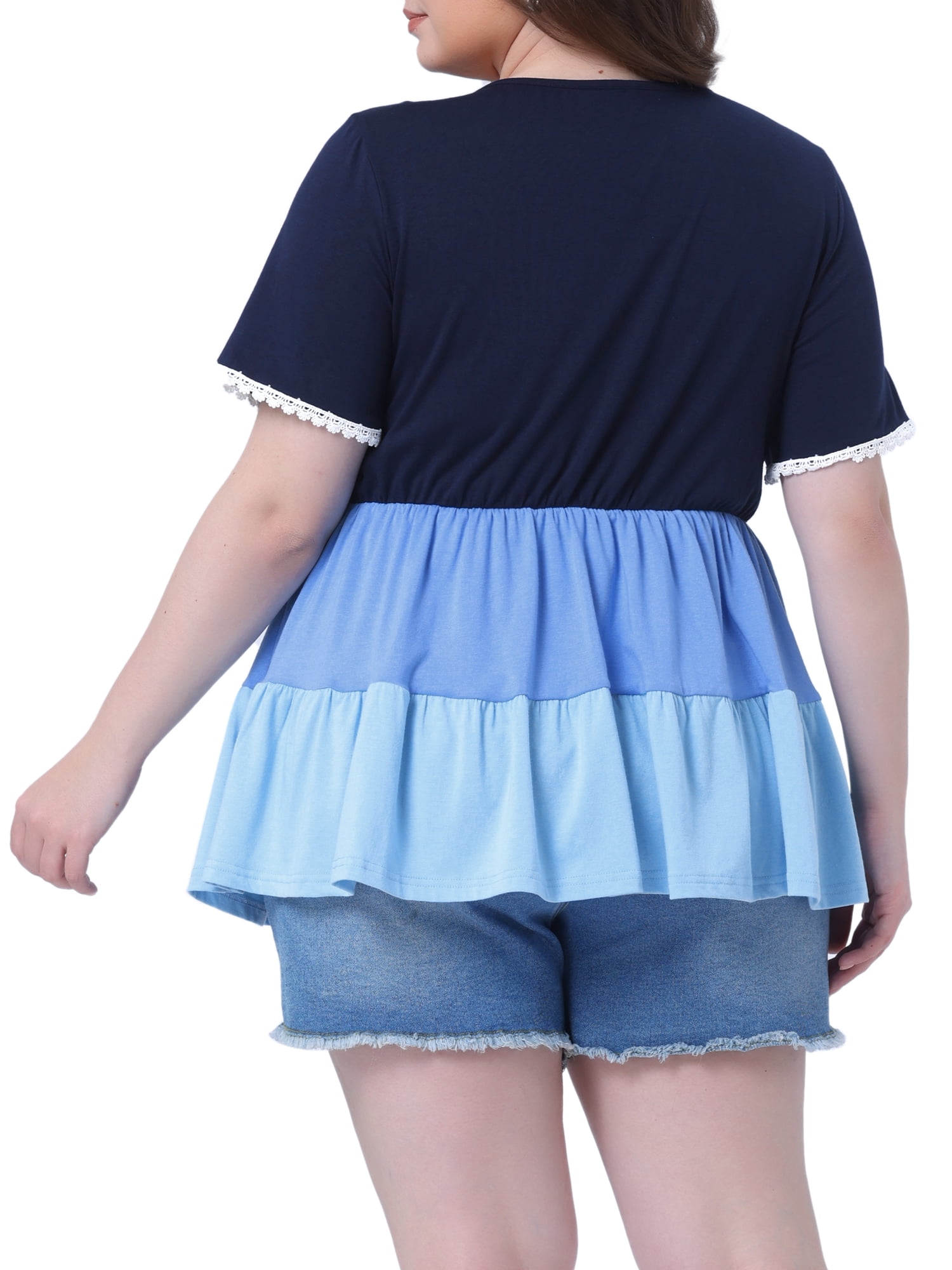 DARING DIVA Women's Plus Babydoll Ruffle Short Sleeve Casual Blouse 2X Blue