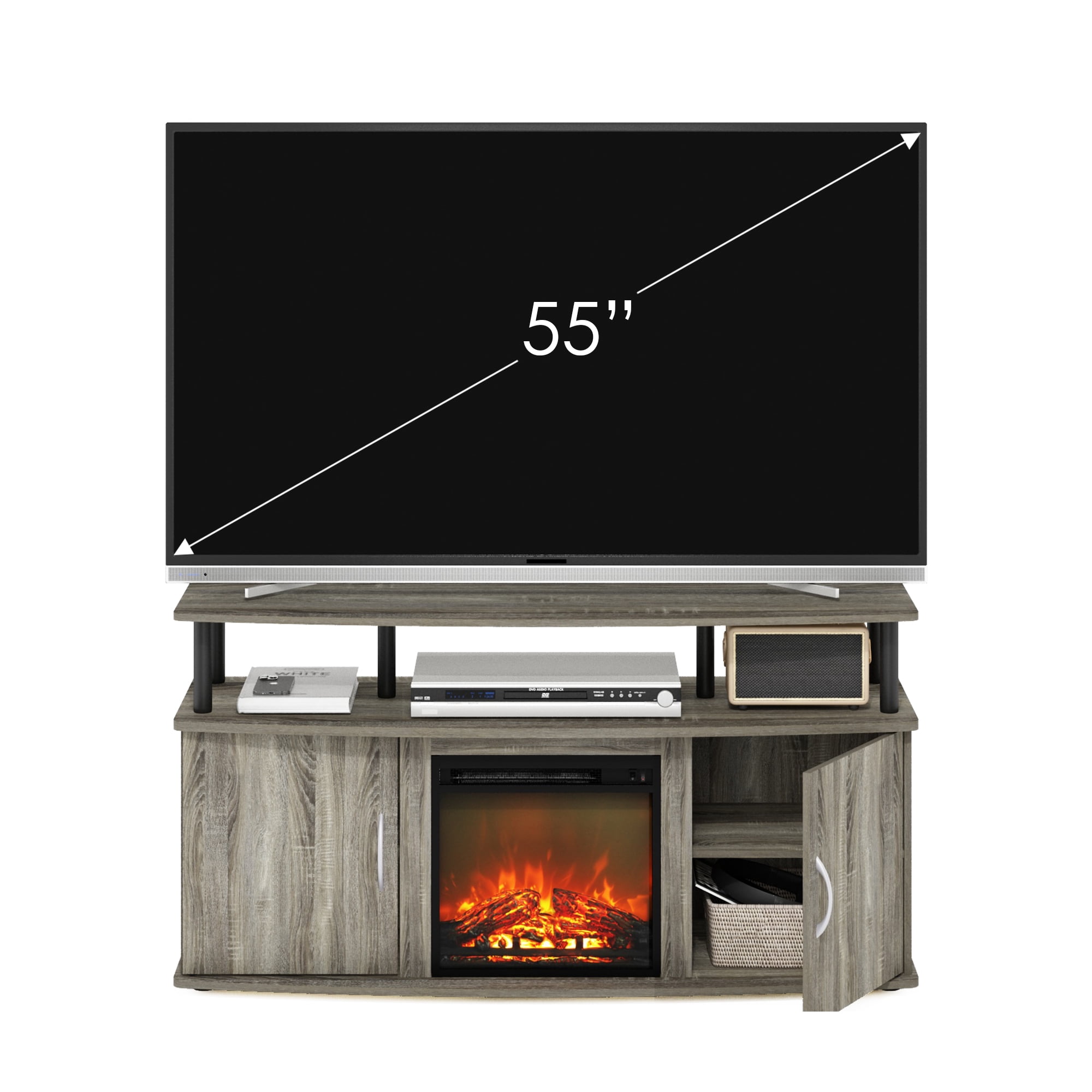 Furinno Jensen Living Room Fireplace Entertainment Center with Doors Storage Cabinet for TV up to 55 Inch, French Oak Grey/Black