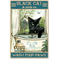 Funny Bathroom Quote Vintage Metal Tin Sign Wall Decor - Black Cat Wash Your Paws Home Bathroom Classroom Office Cafe Bar Decor Art Sign Best Farmhouse Decor Gift for Women Men Friends 8"x12"