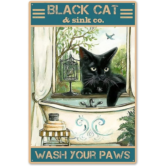 Funny Bathroom Quote Vintage Metal Tin Sign Wall Decor - Black Cat Wash Your Paws Home Bathroom Classroom Office Cafe Bar Decor Art Sign Best Farmhouse Decor Gift for Women Men Friends 8"x12"