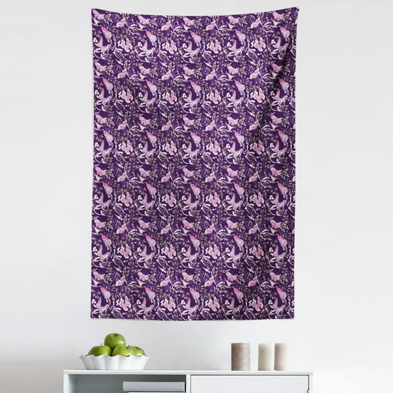 Spring Tapestry, Nature Themed Image with Abstract Butterflies and Floral Branches, Fabric Wall Hanging Decor for Bedroom Living Room Dorm, 5 Sizes, Dark Purple Multicolor, by Ambesonne