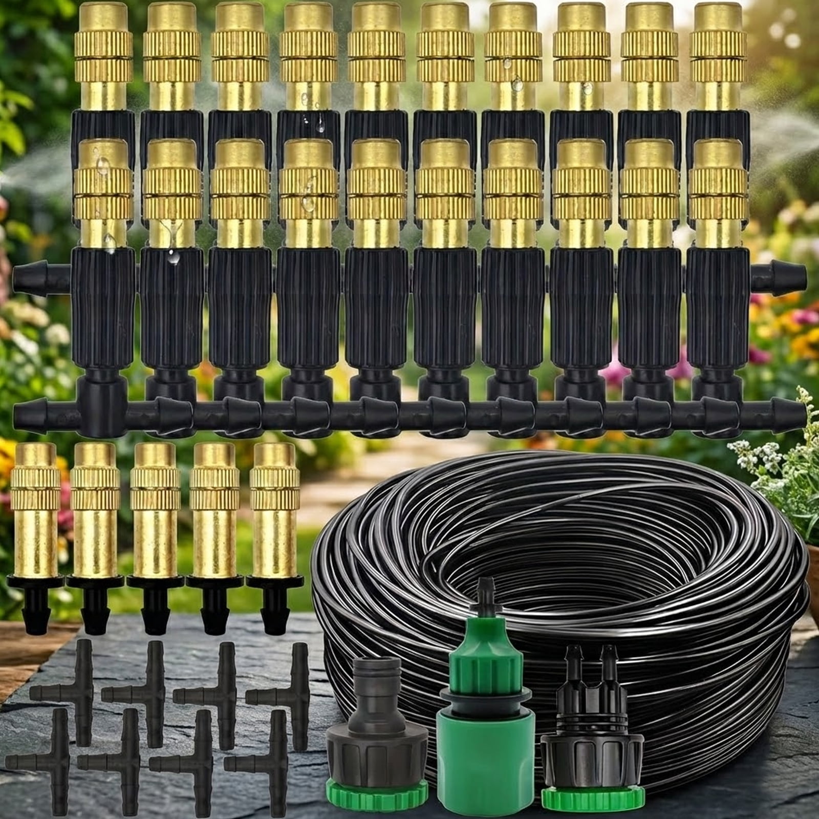 Brass Misting Irrigation Set with 1/4" Adjustable Nozzles,360° Bendable Drip Irrigation Kits for Garden,Greenhouse,Patio Misting,Outdoor Cooling
