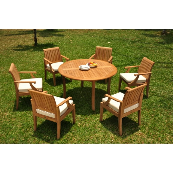 Grade-A Teak Dining Set: 6 Seater 7 Pc: 52" Round Table And 6 Lagos Arm Chairs Outdoor Patio WholesaleTeak #WMLGm