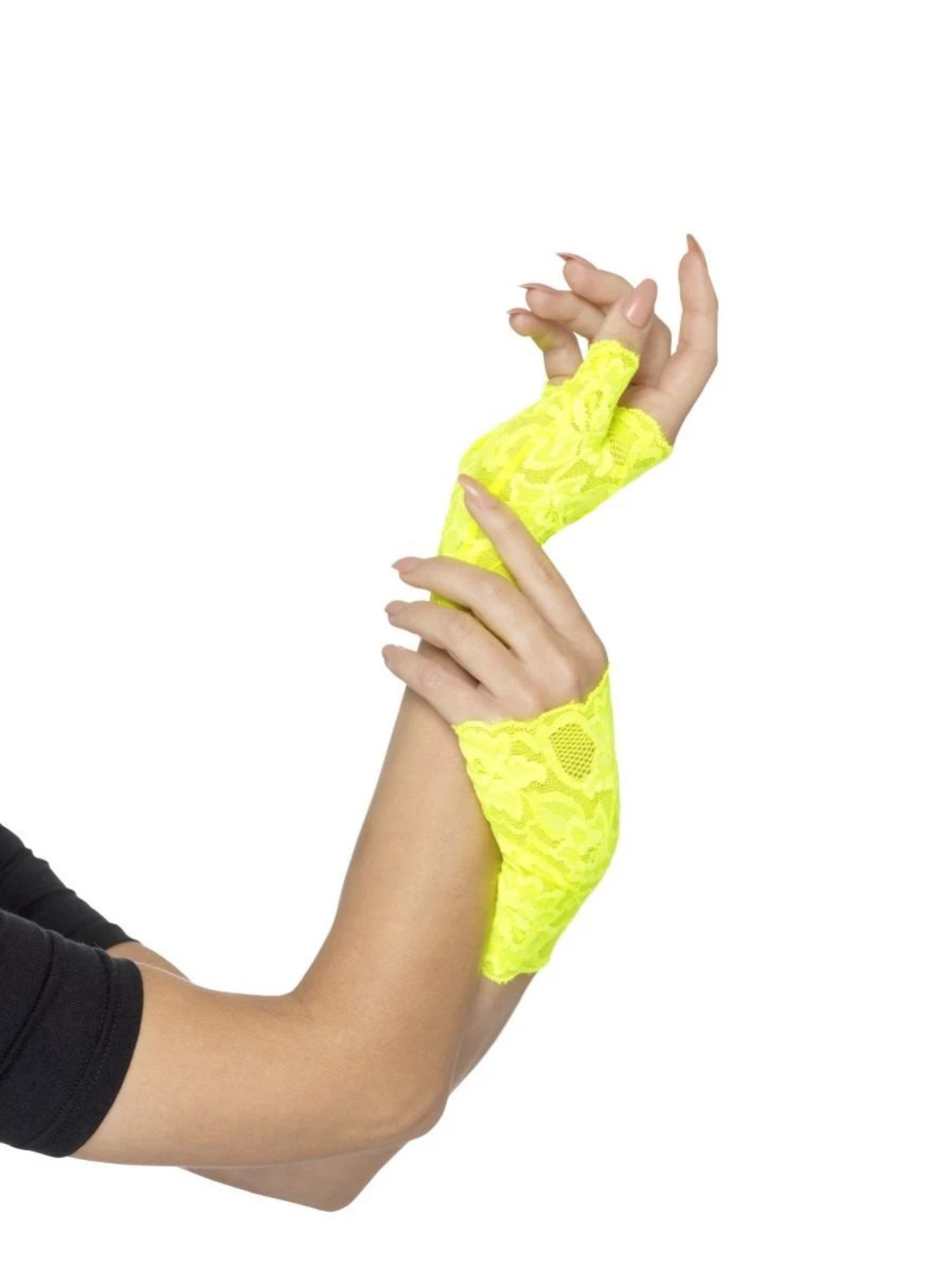 17.5" Neon Yellow 1980 Style Fingerless Lace Women Adult Halloween