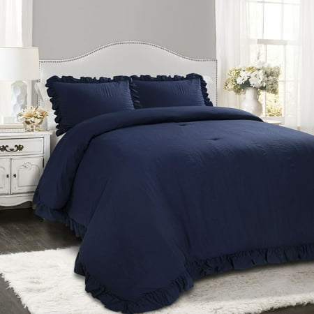 Lush Decor Reyna Textured Polyester Ruffle Detail Comforter, King, Navy, 3-Pc Set