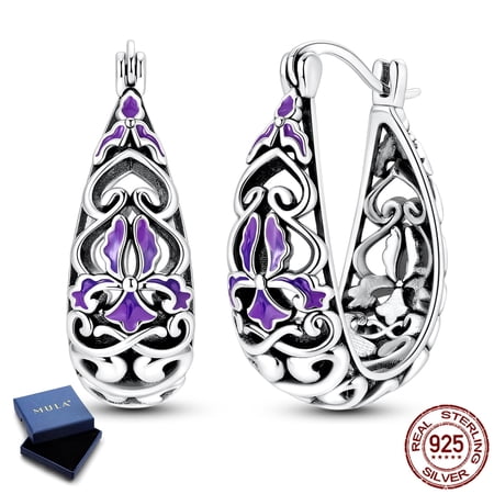 MULA 26mm 925 Sterling Silver Hoop Earrings, Vintage Enamel Iris Filigree Design, Lightweight Hollow Hypoallergenic Jewelry Gifts for Women