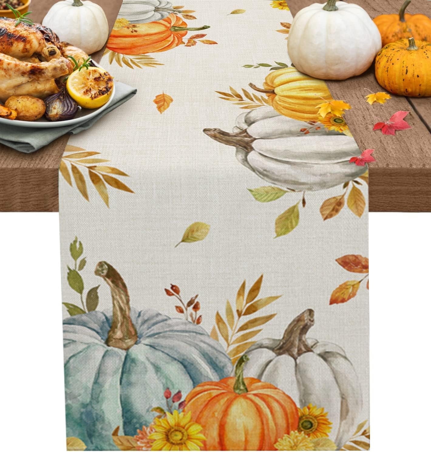 Thanksgiving Table Runner 36inches Long, Washable Fall Table Runner Cloth for Kitchen Dining, Wedding, Party, Coffee, Outdoor Use, Pumpkins Autumn Leaf Tabletop Decoration Harvest