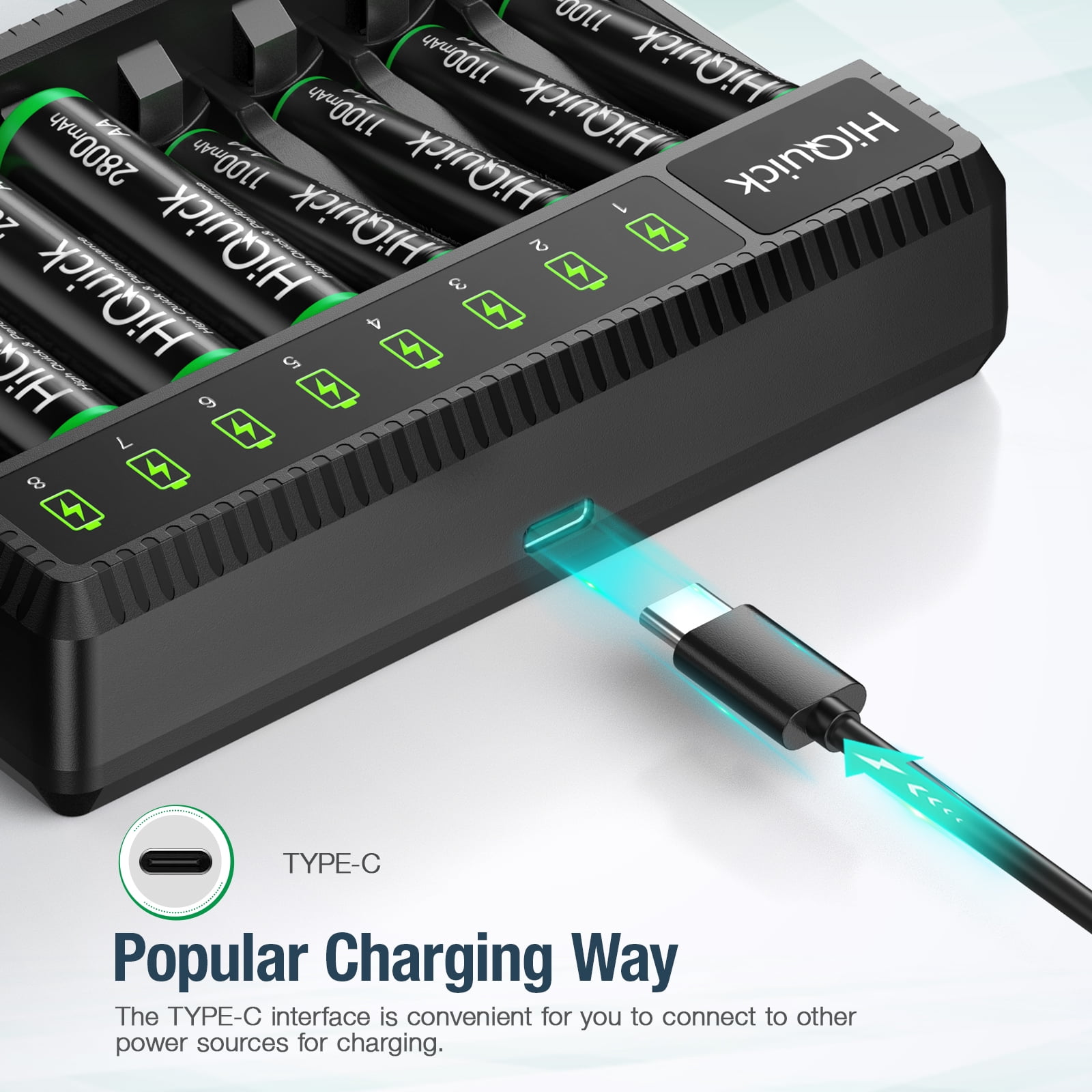 HiQuick 8 Pack Rechargeable AA Batteries with 8 Bay Charger, 2800mAh Double A Batteries with Fast Charging Battery Charger