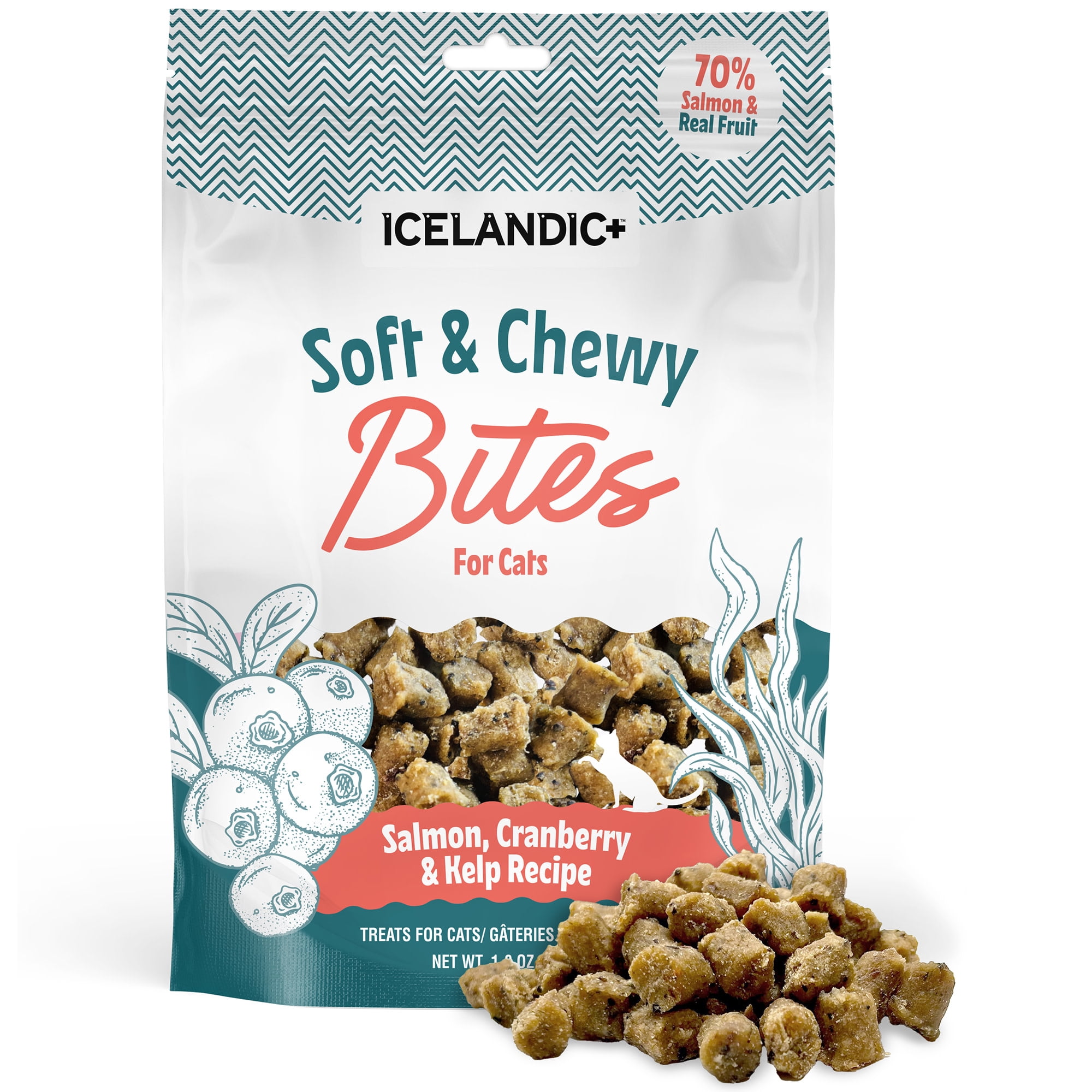 Icelandic+ Soft & Chewy Bites - Salmon, Cranberry & Kelp - 1.8oz Cat Treats, 70% Meat & Fruit, Air-Dried, Limited Ingredients, Pet Snack, Grain Free