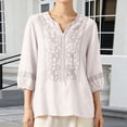 thumbnail image 2 of Cotton Linen Shirts for Women Summer Crew Neck Boho Retro Embroidered Tops 3/4 Sleeve Dressy Casual Blouses Loose Tunics Cute Going Out Beach Vacation Outfits, 2 of 4