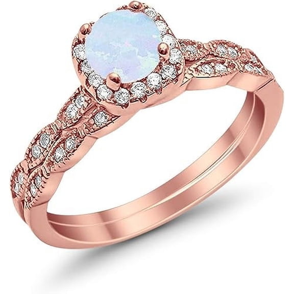 Gems Jewels 925 Sterling Silver 2.00 Ct Round Cut Fire Opal Wedding Engagement Thanksgiving Christmas Bridal Ring Set 14K Rose Gold Plated For Women's -7