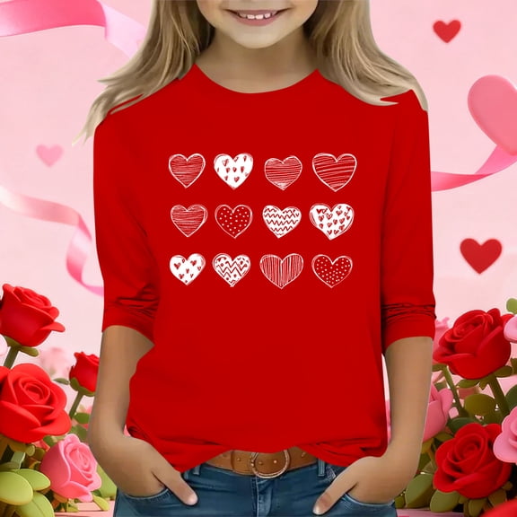 Red Heart Print Girls Cold Shoulder Long Sleeve Top, Soft Stretch Polyester Spandex Casual Shirt for 4-12 Years Old Kids, Easy Care Everyday Wear,Size 9-10T