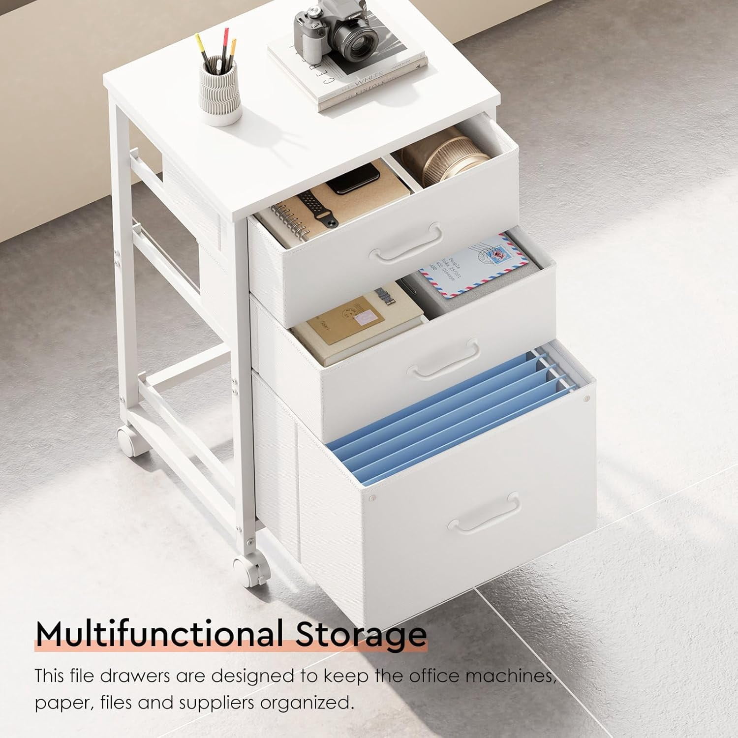 3 Drawer Mobile File Cabinet with Wheels Fabric Vertical Filing Cabinet fits A4 or Letter Size for Home Office,White