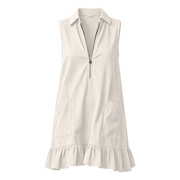 YuXingFu Boho Dresses for Women Mini Collared Plus Size Womens Dress Sleeveless A Line Casual Summer White S