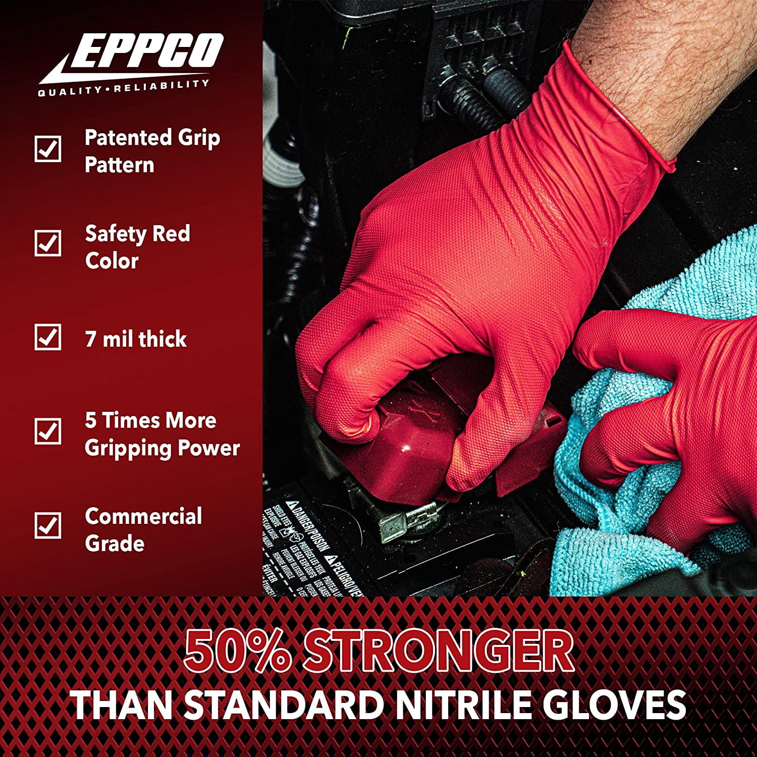 Eppco Grease Bully MDT Nitrile Gloves, Red, 7MIL, Micro-Diamond Texture, Large, 10 Boxes