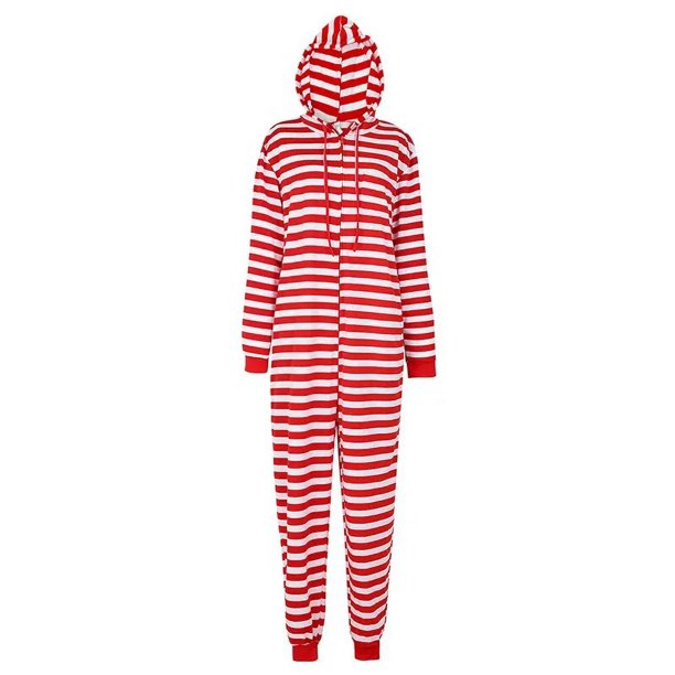 Pijamas navideños de talla grande para parejas, monos a rayas rojas y blancas para adultos con mono con cremallera, ropa de dormir con capucha