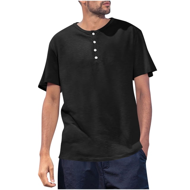 Mens Casual de Manga Corta Botón Abajo Camisas Casual de Moda Color Sólido Redondo Cuello Botón Doblado Hendidura Superior, Camisa de Fibra de Poliéster