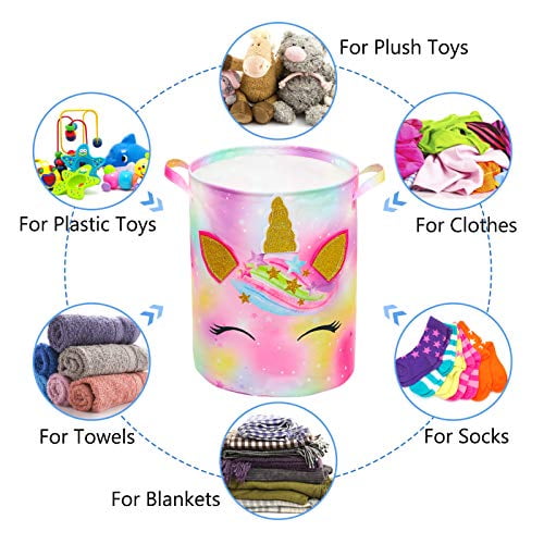 Basumee Unicorn Laundry Basket Waterproof Canvas Nursery Hamper 43.3L Rainbow Collapsible Toys Storage Bin for Kids Girls Bedroom Playroom Clothes 