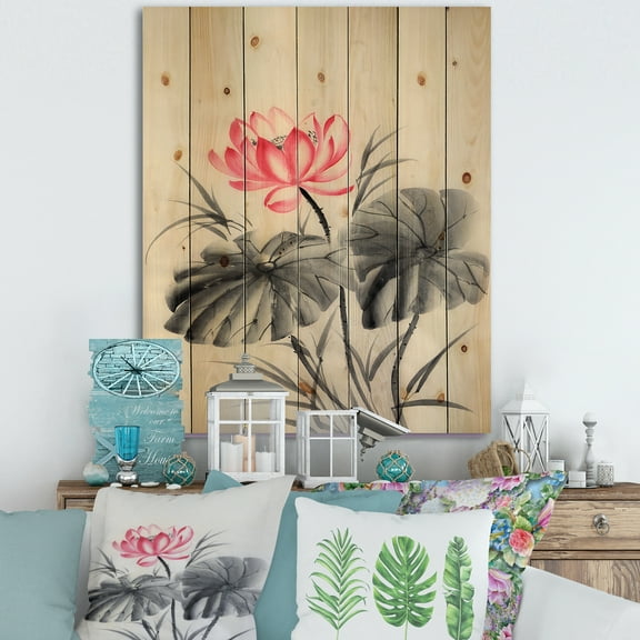 Designart 'Two Monochrome Leaves With Lotus Flower' Traditional Print on Natural Pine Wood