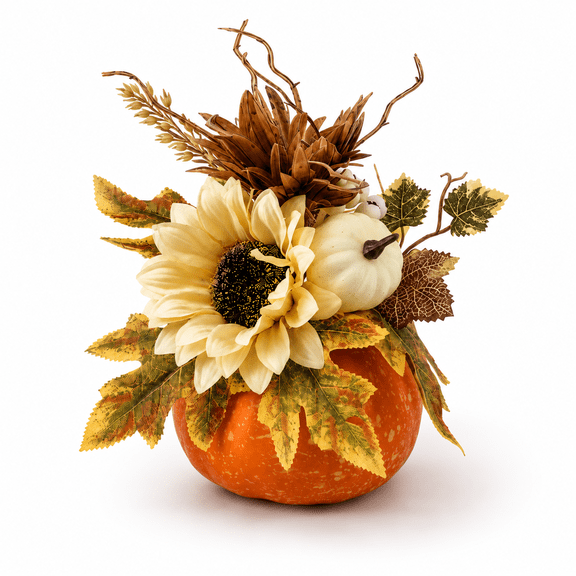 Fall Decorations for Home Table Centerpiece, Artificial Pumpkin Floral Arrangement with Sunflower and Autumn Leaves, Rustic Fall Decor for Dining Table Office Shelf