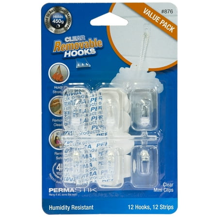 - PermaStik Clear Mini Utility Hooks Value Pack, 12 Hooks & 12 Clear Adhesive Strips, Holds 1 lb Each, Humidity Resistant