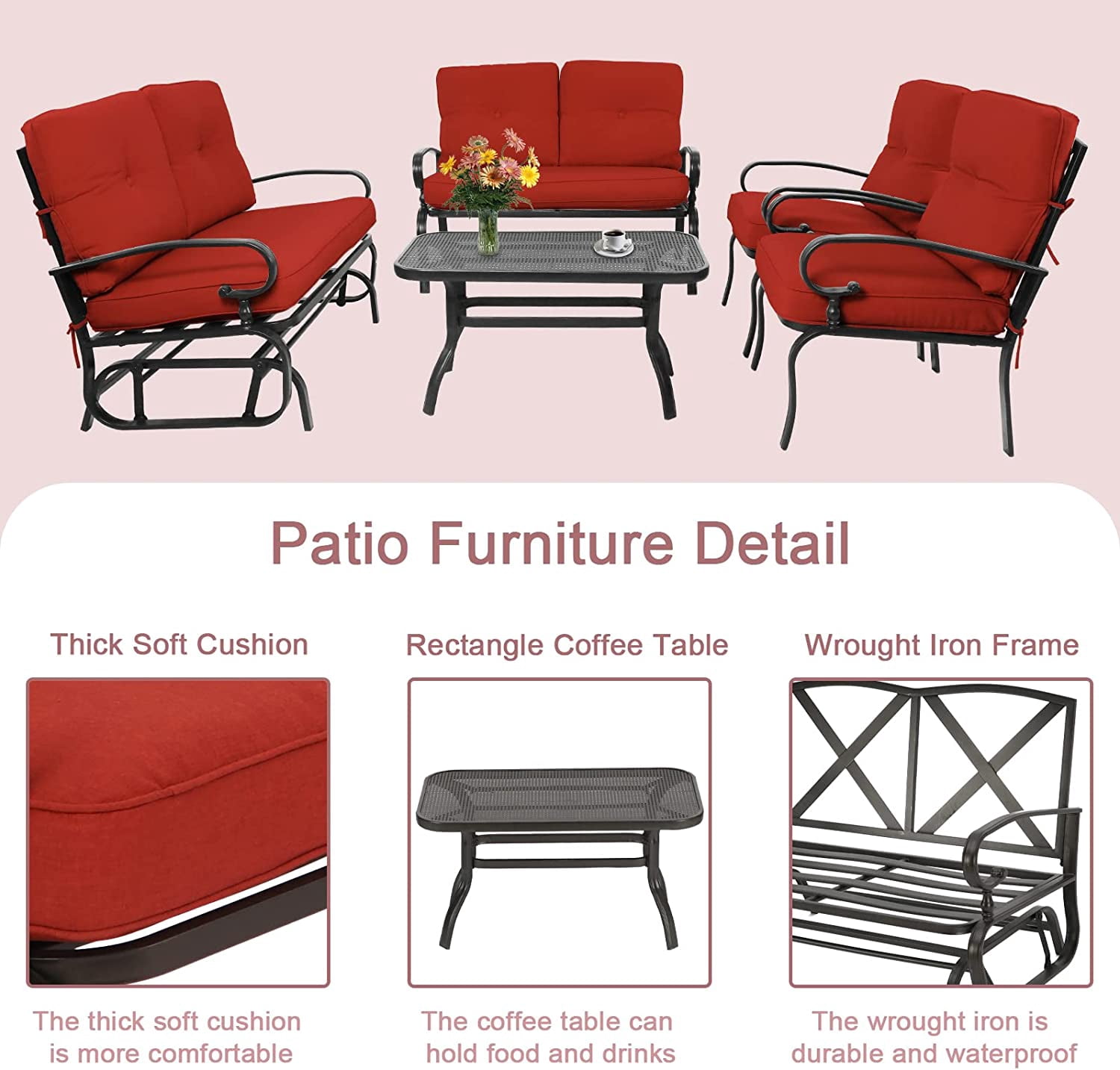 SUNCROWN 5-Piece Patio Furniture Set Outdoor Metal Conversation Set, Red