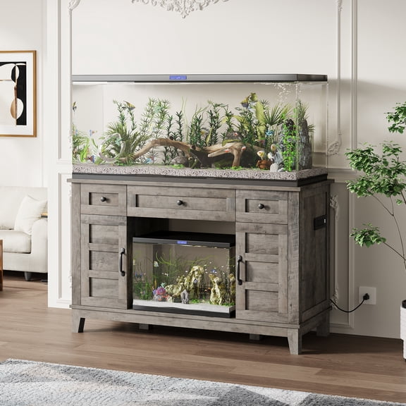 Farmhouse Aquarium Stand for Living Room – 55-75 Gallon Fish Tank – 1400LBS Capacity – Power Outlet – Adjustable Shelves – Color: Grey