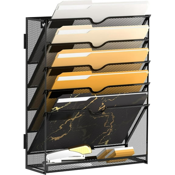 INTIGE 6-Tier Metal Wall Mounted File Organizer, Hanging Document Organizer, Black, Assemble