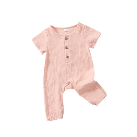 

Summer Infant Baby Girls Boys Rompers 3 Colors Solid Short Sleeve Button Causal Jumpsuits 0-18M