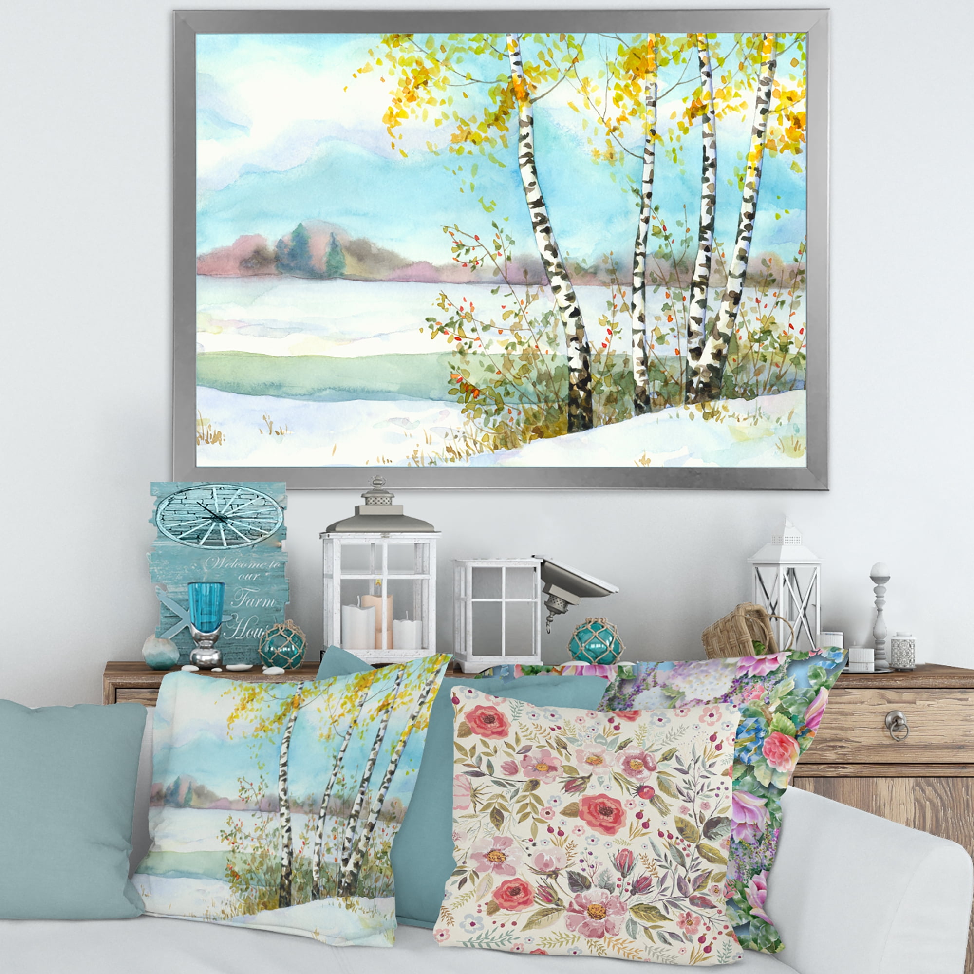 Designart 'Birches In Snowy Land' Lake House Framed Art Print