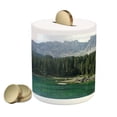 thumbnail image 1 of Nature Piggy Bank, Aerial View of Pine Forest by Lake Beneath Mountain Pastoral Landscape, Ceramic Coin Bank Money Box for Cash Saving, 3.6" X 3.2", Dark Green Jade Green, by Ambesonne, 1 of 4