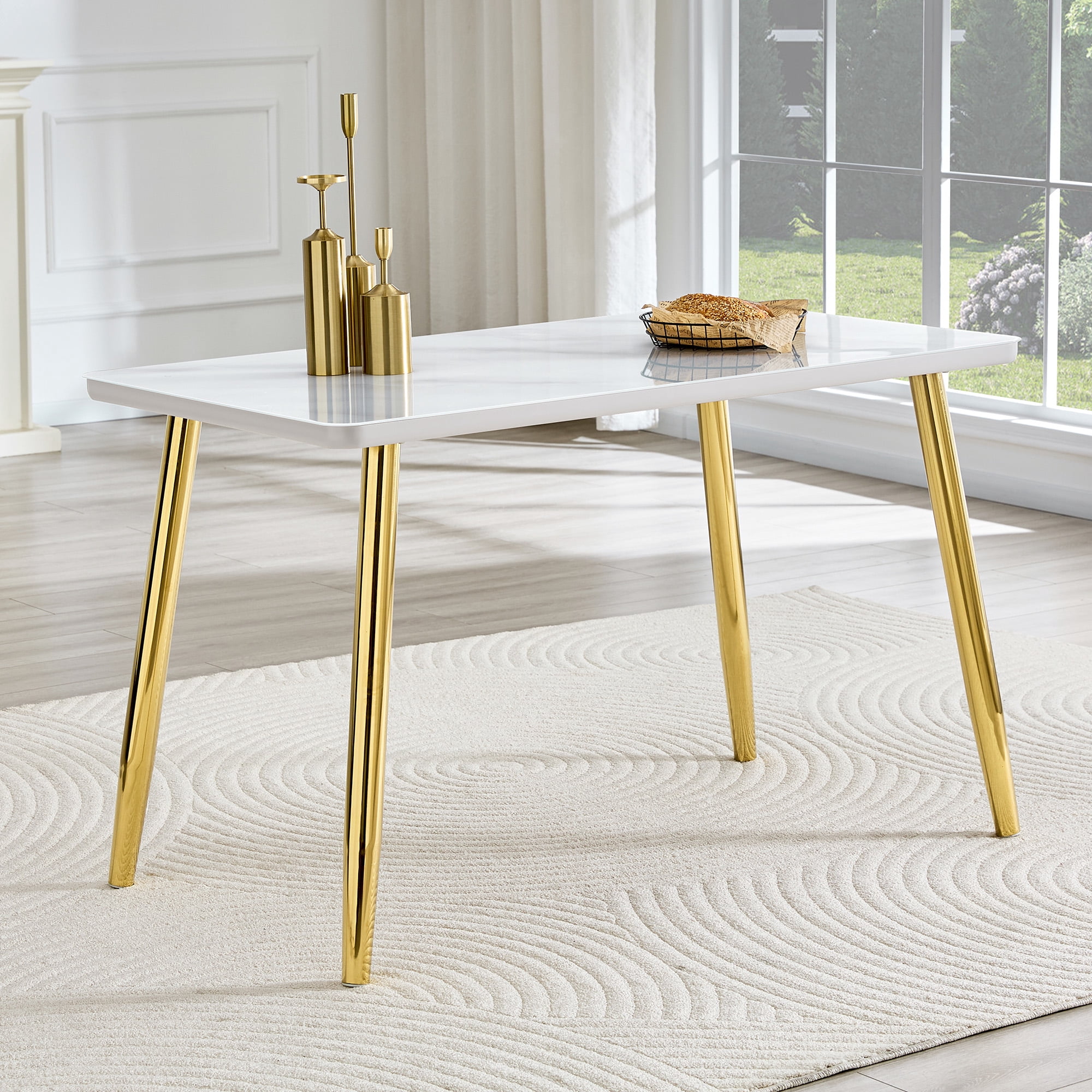 Hi loPres 47" White Modern Rectangular Dining Table for Apartments, Faux Marble Tempered Glass Top Kitchen Desk with Stable Gold Metal Legs, Minimalist Style
