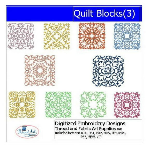 Quilt Blocks(3) Embroidery Designs - All Popular Formats Included - Loaded on USB Stick