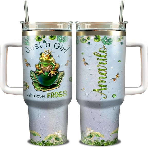 Personalized Frog Tumbler 40oz with Handle and Straw Custom Name Just A Girl Who Loves Frogs Jewelry Style Insulated Tumblers Gifts Birthday Christmas for Animal Lovers Women Men