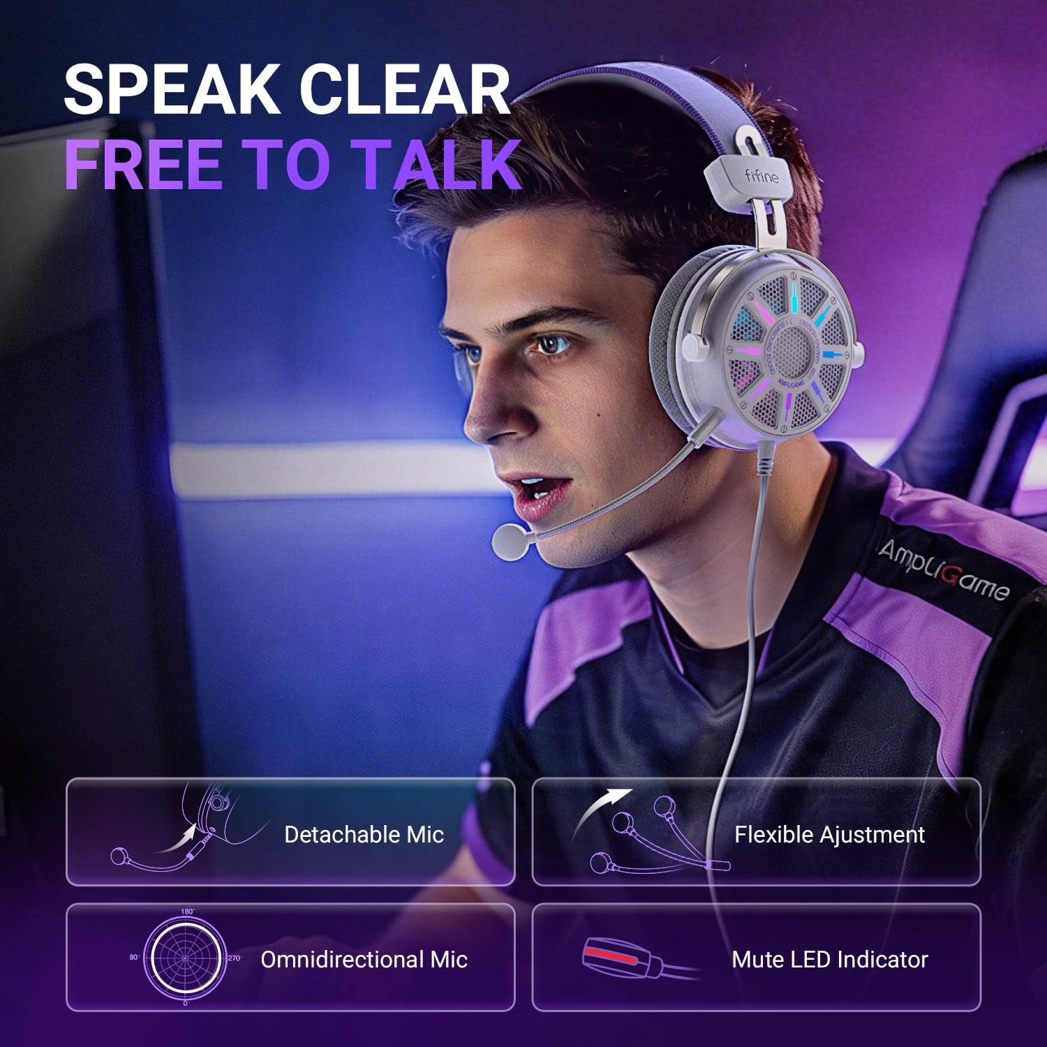 FIFINE Open-Back Gaming Headset for PC Computer, PS5/PS4, Wired Headphones with Noise-Cancelling Microphone, 7.1 Surround Sound, EQ Modes, RGB Lighting, White