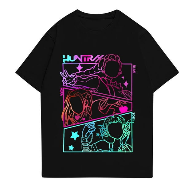 Pop cazadora para niña Demo-n Hunters Round-Neck Printed Anime Trio Poster T Shirt (Black)
