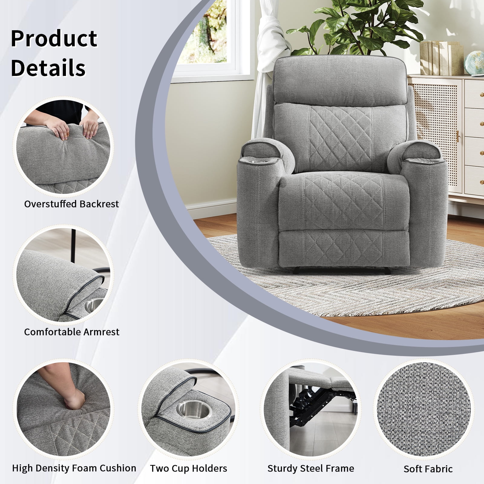 Bonzy Home Power Recliner Chair — Electric Fabric Recliner with Cup Holders & USB-C Charging Ports, Diamond Grid Upholstery, Light Grey