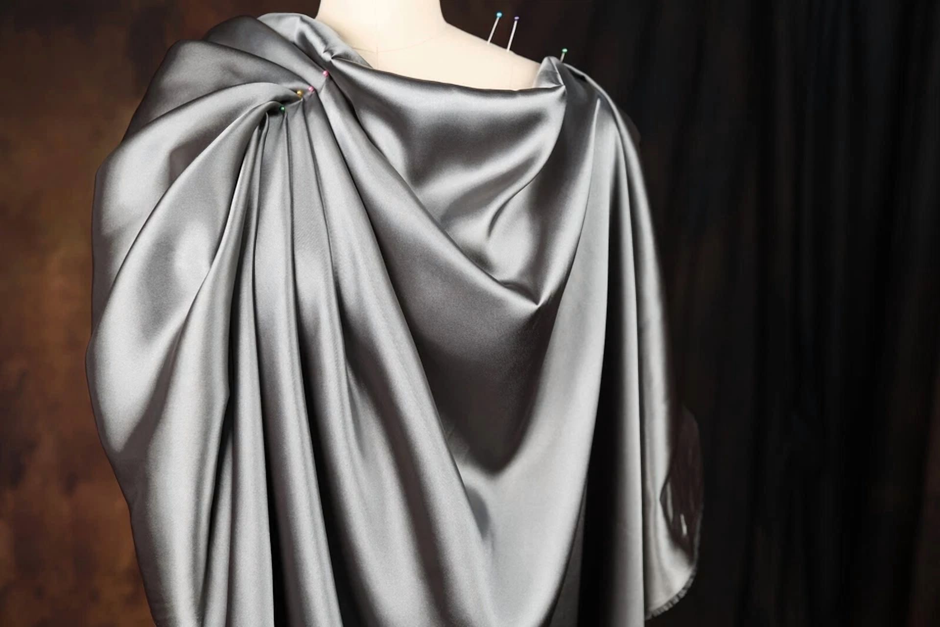 BUTTERFLY- Charcoal Satin Charmeuse Fabric By The Yard 49
