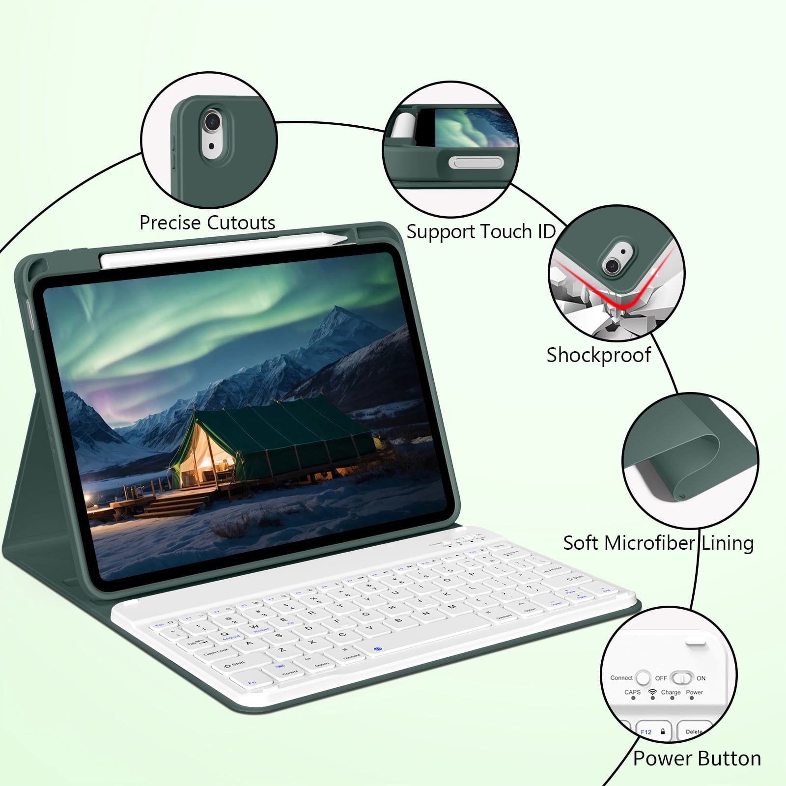 Kenke Case for iPad (A16) 11th Generation 11 inch 2025 with Keyboard,iPad 10th Generation 10.9 inch 2022 Detachable Bluetooth Keyboard Rechargeable,with Pencil Holder,Soft TPU Back Cover,Dark Green