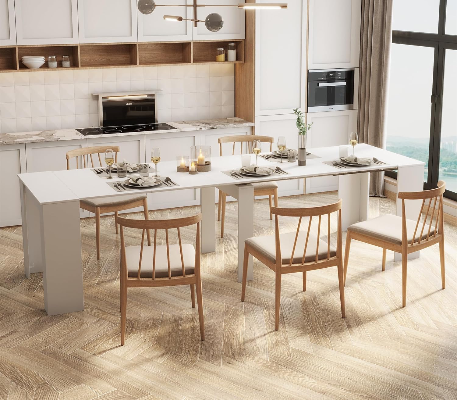 Rustic Wood Extendable Dining Room Table 118.5" Large Expandable Dining Tables for 6 8 10 12 People Industrial Extend Kitchen Table Space Saving for Family Gathering (White)