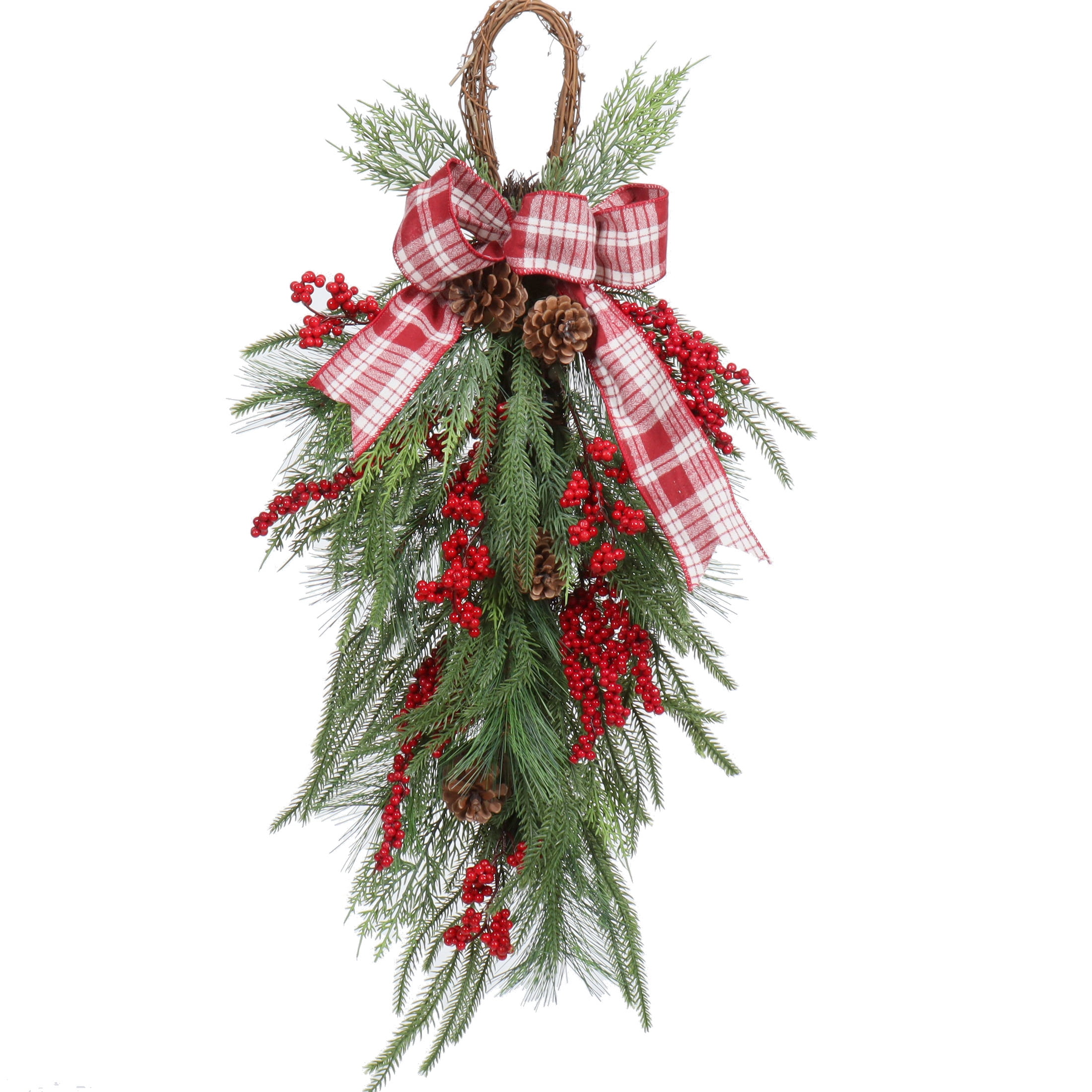 Holiday Time Pine cone Red Berry With Plaid Bow Evergreen Christmas Swag, 32"