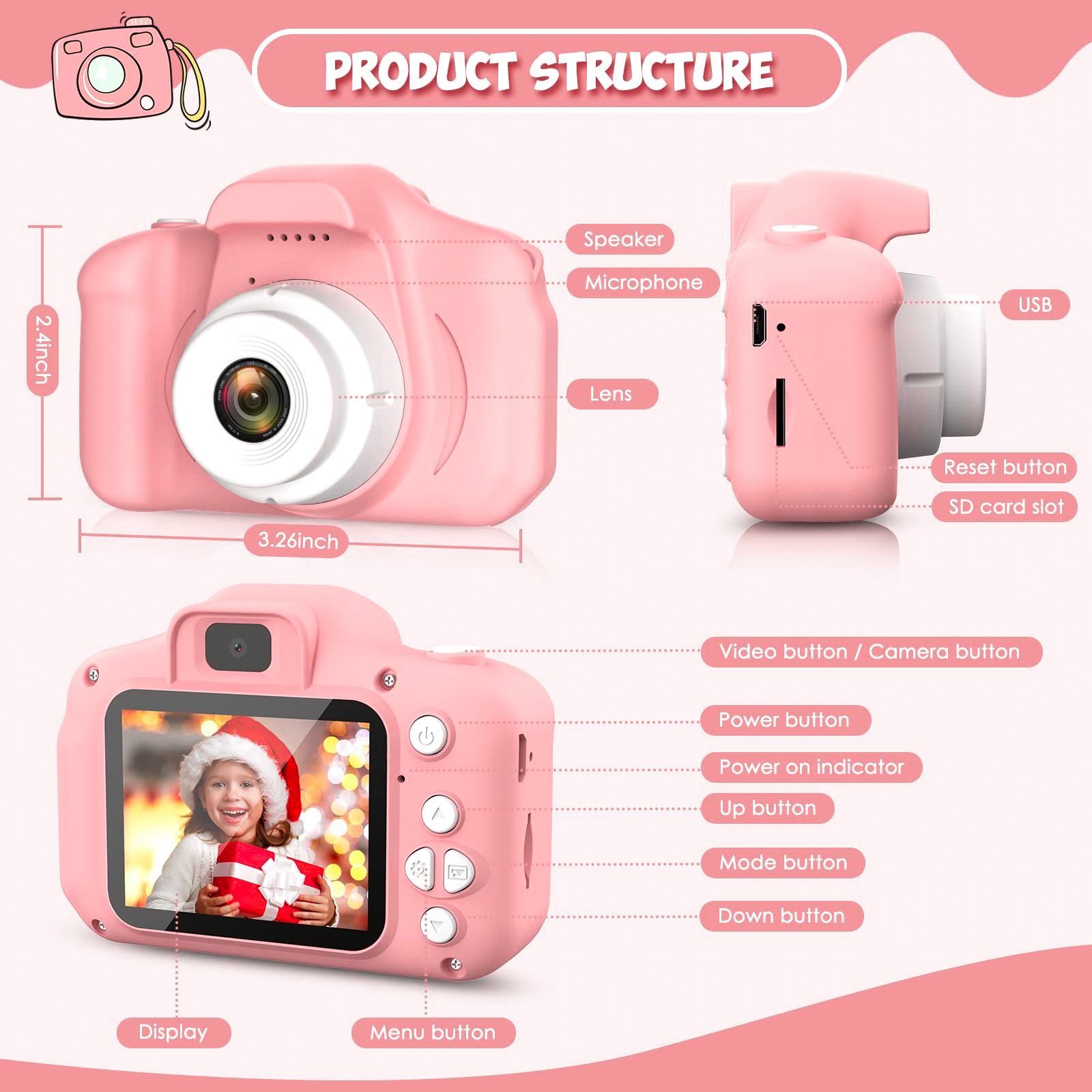 Sanmadrola Kids Camera, Dual Selfie, 20MP, 1080p, Pink, 32GB photo 6