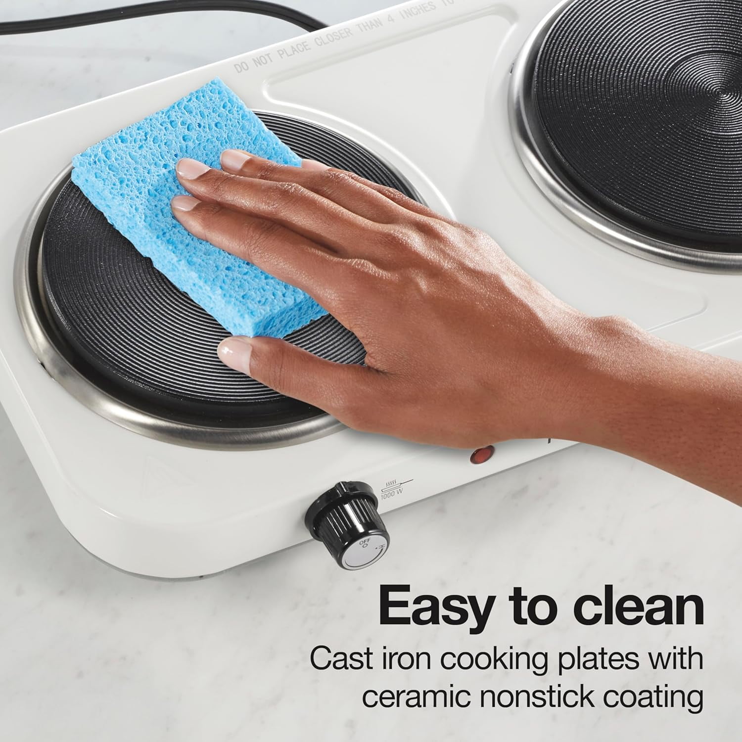 Portable Electric Stove, Cast Iron Double Burner Cooktop, Compact, Adjustable Temperature Hot Plate, 1700 , White (34117)