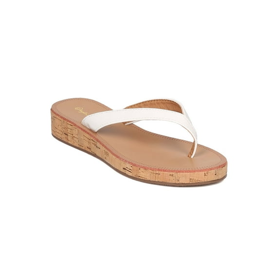 New Women Qupid Flip-01 Patent Leatherette Cork Low Wedge Thong Sandal