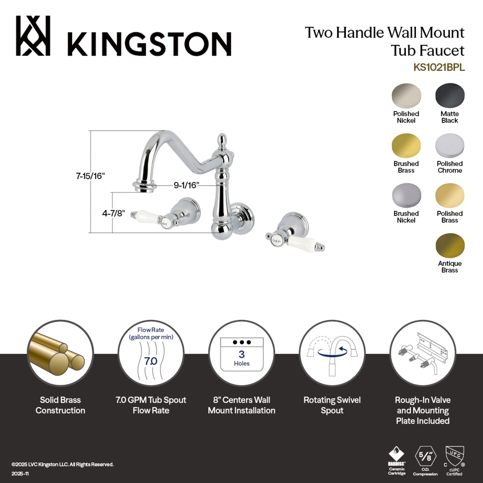 Kingston Brass KS1020BPL Bel-Air Two-Handle Wall Mount Roman Tub Faucet, Matte Black